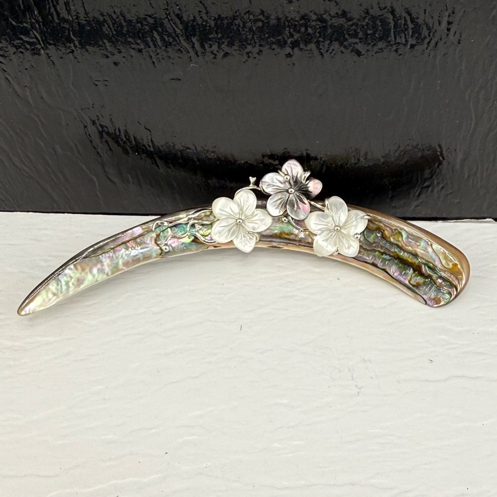 Vintage UTC Abalone Brooch Carved Polished Sterling Silver Signed